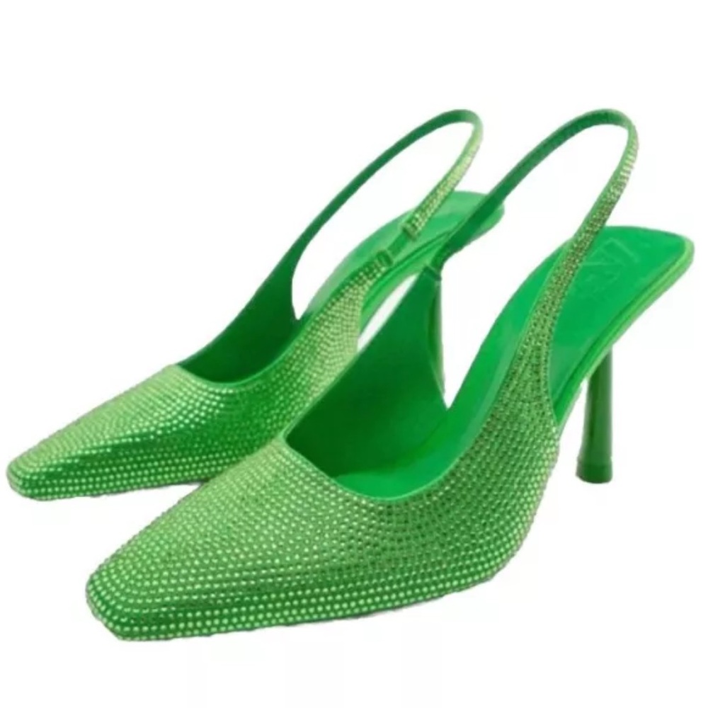 NWT Zara Green Rhinestone Square Toe Sling Back Heels US 5/EU 35